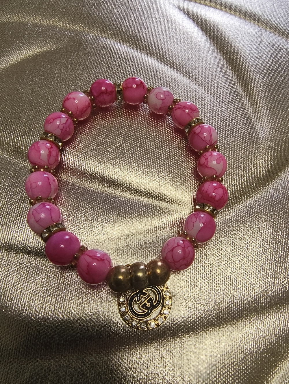 Designer-Inspired Pink Beaded Stretch Bracelet with Gold Charm